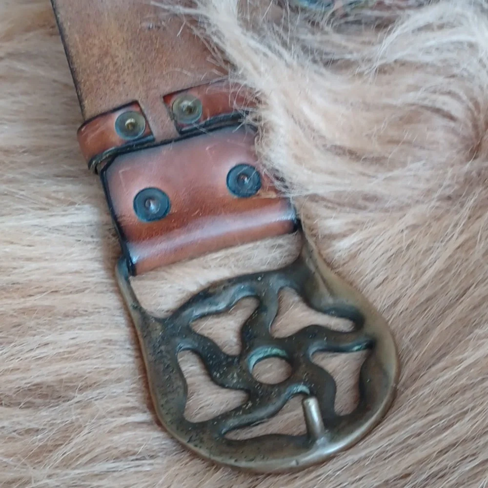 Vintage Chunky Distresed Brown Leather Belt with Brass Accents